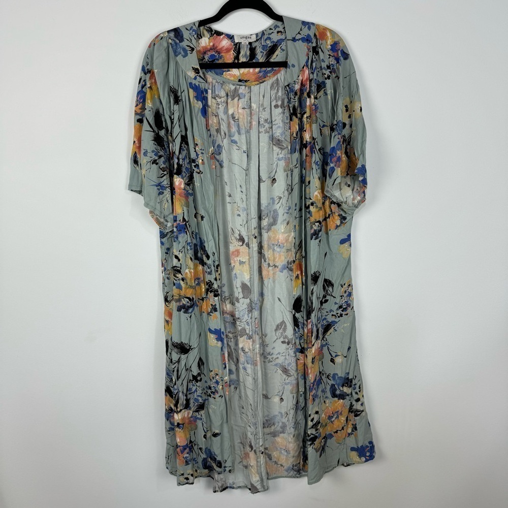 Umgee Teal Floral Open Front Duster Kimono Cardigan Boho